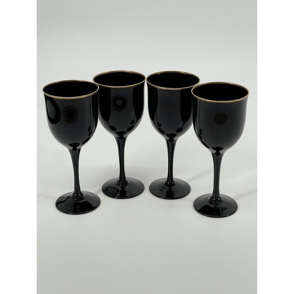4 Vintage Noritake REMEMBRANCE EBONY Wine Glasses Goblets 7” Black W/ Gold Rim